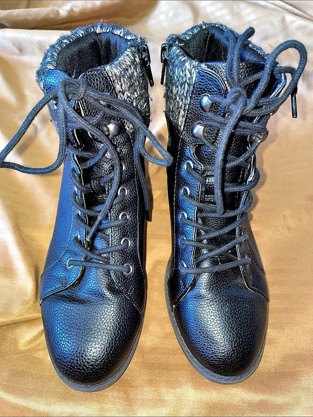 Style & Co Knit Collar Lace Up Side Zip Combat Boots Black Woman Size 5M